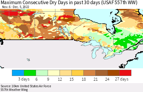 Canada Maximum Consecutive Dry Days in past 30 days (USAF 557th WW) 12/05/2022 Thematic Map For 12/1/2022 - 12/5/2022