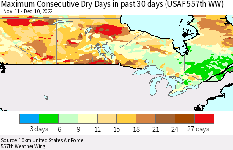 Canada Maximum Consecutive Dry Days in past 30 days (USAF 557th WW) 12/10/2022 Thematic Map For 12/6/2022 - 12/10/2022