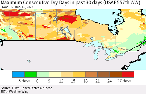 Canada Maximum Consecutive Dry Days in past 30 days (USAF 557th WW) 12/15/2022 Thematic Map For 12/11/2022 - 12/15/2022