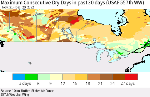 Canada Maximum Consecutive Dry Days in past 30 days (USAF 557th WW) 12/20/2022 Thematic Map For 12/16/2022 - 12/20/2022