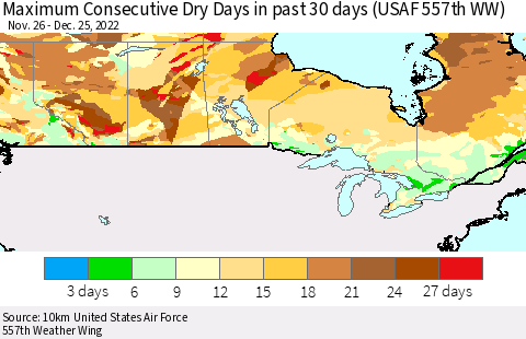 Canada Maximum Consecutive Dry Days in past 30 days (USAF 557th WW) 12/25/2022 Thematic Map For 12/21/2022 - 12/25/2022
