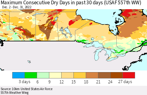 Canada Maximum Consecutive Dry Days in past 30 days (USAF 557th WW) 12/31/2022 Thematic Map For 12/26/2022 - 12/31/2022