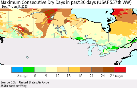 Canada Maximum Consecutive Dry Days in past 30 days (USAF 557th WW) 01/05/2023 Thematic Map For 1/1/2023 - 1/5/2023