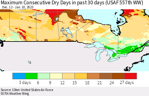 Canada Maximum Consecutive Dry Days in past 30 days (USAF 557th WW) 01/10/2023 Thematic Map For 1/6/2023 - 1/10/2023