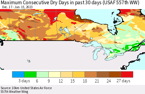 Canada Maximum Consecutive Dry Days in past 30 days (USAF 557th WW) 01/15/2023 Thematic Map For 1/11/2023 - 1/15/2023