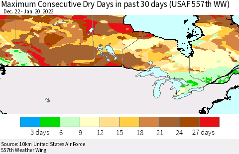 Canada Maximum Consecutive Dry Days in past 30 days (USAF 557th WW) 01/20/2023 Thematic Map For 1/16/2023 - 1/20/2023
