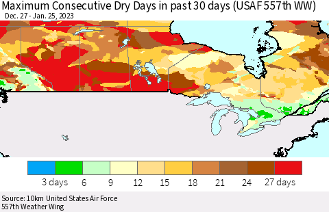 Canada Maximum Consecutive Dry Days in past 30 days (USAF 557th WW) 01/25/2023 Thematic Map For 1/21/2023 - 1/25/2023