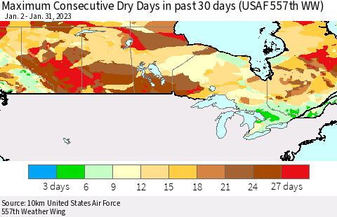 Canada Maximum Consecutive Dry Days in past 30 days (USAF 557th WW) 01/31/2023 Thematic Map For 1/26/2023 - 1/31/2023