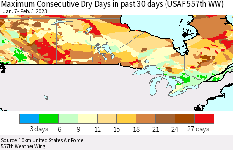 Canada Maximum Consecutive Dry Days in past 30 days (USAF 557th WW) 02/05/2023 Thematic Map For 2/1/2023 - 2/5/2023