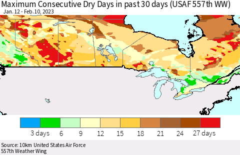 Canada Maximum Consecutive Dry Days in past 30 days (USAF 557th WW) 02/10/2023 Thematic Map For 2/6/2023 - 2/10/2023
