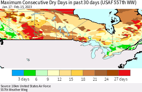 Canada Maximum Consecutive Dry Days in past 30 days (USAF 557th WW) 02/15/2023 Thematic Map For 2/11/2023 - 2/15/2023