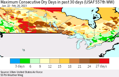 Canada Maximum Consecutive Dry Days in past 30 days (USAF 557th WW) 02/20/2023 Thematic Map For 2/16/2023 - 2/20/2023