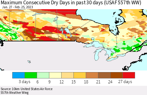 Canada Maximum Consecutive Dry Days in past 30 days (USAF 557th WW) 02/25/2023 Thematic Map For 2/21/2023 - 2/25/2023