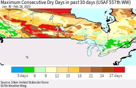 Canada Maximum Consecutive Dry Days in past 30 days (USAF 557th WW) 02/28/2023 Thematic Map For 2/26/2023 - 2/28/2023
