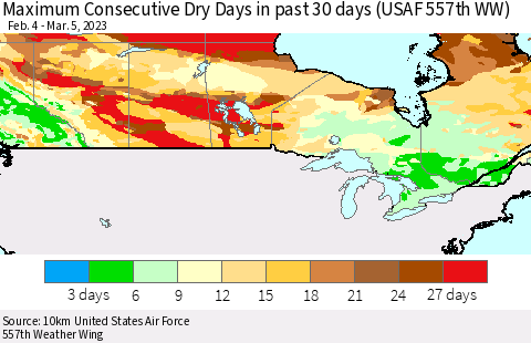 Canada Maximum Consecutive Dry Days in past 30 days (USAF 557th WW) 03/05/2023 Thematic Map For 3/1/2023 - 3/5/2023