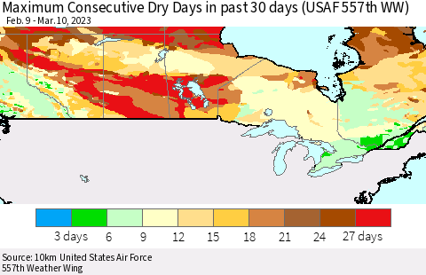 Canada Maximum Consecutive Dry Days in past 30 days (USAF 557th WW) 03/10/2023 Thematic Map For 3/6/2023 - 3/10/2023