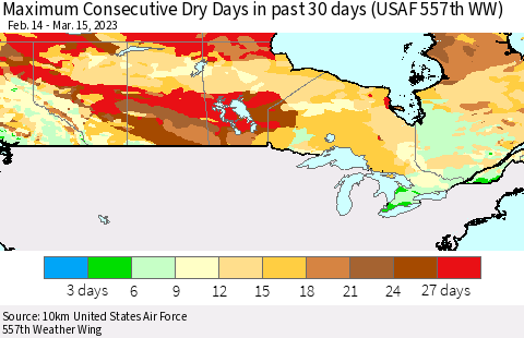 Canada Maximum Consecutive Dry Days in past 30 days (USAF 557th WW) 03/15/2023 Thematic Map For 3/11/2023 - 3/15/2023