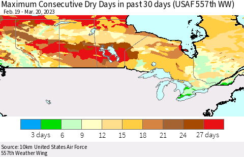 Canada Maximum Consecutive Dry Days in past 30 days (USAF 557th WW) 03/20/2023 Thematic Map For 3/16/2023 - 3/20/2023