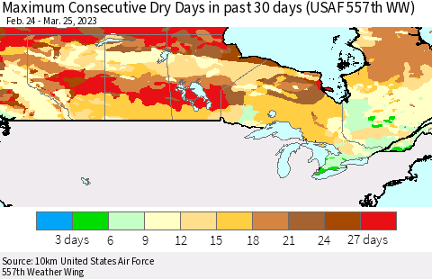Canada Maximum Consecutive Dry Days in past 30 days (USAF 557th WW) 03/25/2023 Thematic Map For 3/21/2023 - 3/25/2023