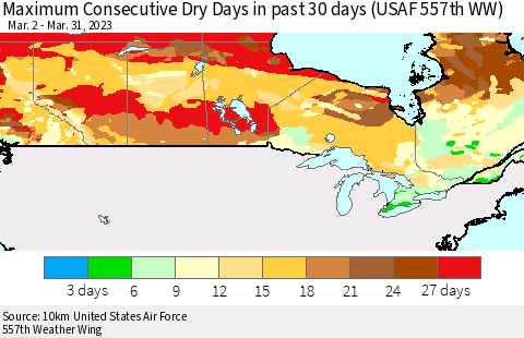 Canada Maximum Consecutive Dry Days in past 30 days (USAF 557th WW) 03/31/2023 Thematic Map For 3/26/2023 - 3/31/2023