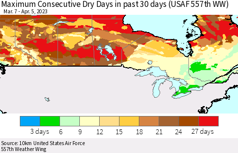 Canada Maximum Consecutive Dry Days in past 30 days (USAF 557th WW) 04/05/2023 Thematic Map For 4/1/2023 - 4/5/2023