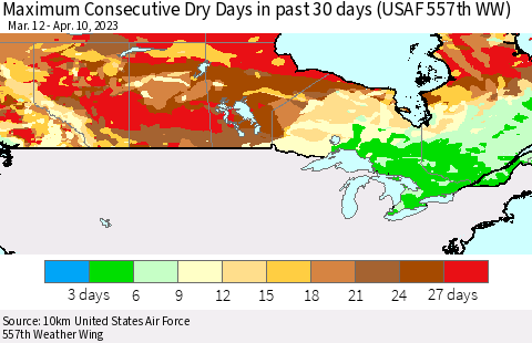 Canada Maximum Consecutive Dry Days in past 30 days (USAF 557th WW) 04/10/2023 Thematic Map For 4/6/2023 - 4/10/2023