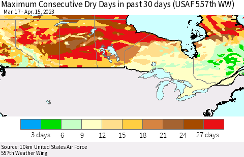 Canada Maximum Consecutive Dry Days in past 30 days (USAF 557th WW) 04/15/2023 Thematic Map For 4/11/2023 - 4/15/2023