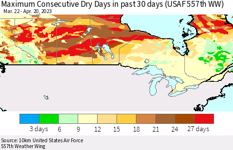 Canada Maximum Consecutive Dry Days in past 30 days (USAF 557th WW) 04/20/2023 Thematic Map For 4/16/2023 - 4/20/2023