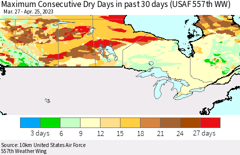 Canada Maximum Consecutive Dry Days in past 30 days (USAF 557th WW) 04/25/2023 Thematic Map For 4/21/2023 - 4/25/2023
