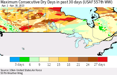 Canada Maximum Consecutive Dry Days in past 30 days (USAF 557th WW) 04/30/2023 Thematic Map For 4/26/2023 - 4/30/2023