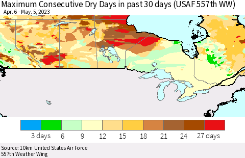 Canada Maximum Consecutive Dry Days in past 30 days (USAF 557th WW) 05/05/2023 Thematic Map For 5/1/2023 - 5/5/2023