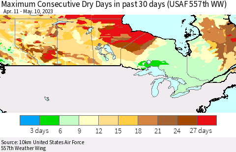 Canada Maximum Consecutive Dry Days in past 30 days (USAF 557th WW) 05/10/2023 Thematic Map For 5/6/2023 - 5/10/2023