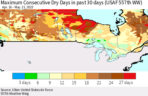 Canada Maximum Consecutive Dry Days in past 30 days (USAF 557th WW) 05/15/2023 Thematic Map For 5/11/2023 - 5/15/2023