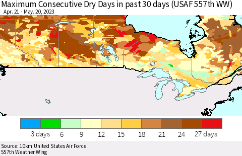 Canada Maximum Consecutive Dry Days in past 30 days (USAF 557th WW) 05/20/2023 Thematic Map For 5/16/2023 - 5/20/2023