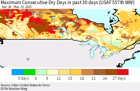 Canada Maximum Consecutive Dry Days in past 30 days (USAF 557th WW) 05/25/2023 Thematic Map For 5/21/2023 - 5/25/2023