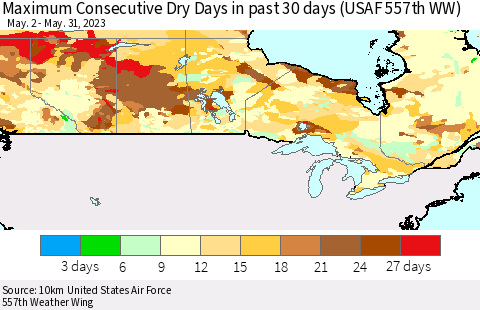 Canada Maximum Consecutive Dry Days in past 30 days (USAF 557th WW) 05/31/2023 Thematic Map For 5/26/2023 - 5/31/2023