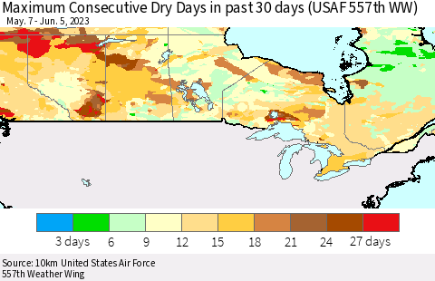 Canada Maximum Consecutive Dry Days in past 30 days (USAF 557th WW) 06/05/2023 Thematic Map For 6/1/2023 - 6/5/2023