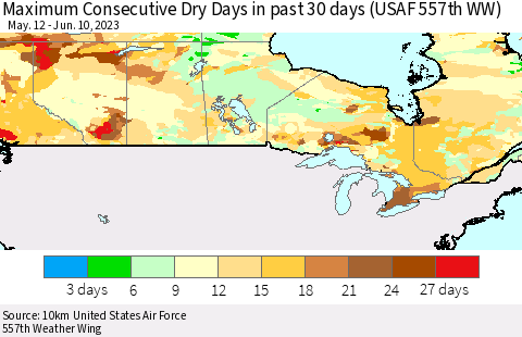 Canada Maximum Consecutive Dry Days in past 30 days (USAF 557th WW) 06/10/2023 Thematic Map For 6/6/2023 - 6/10/2023