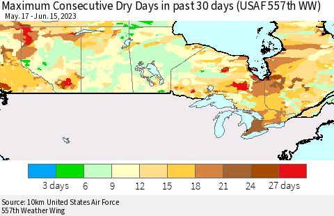 Canada Maximum Consecutive Dry Days in past 30 days (USAF 557th WW) 06/15/2023 Thematic Map For 6/11/2023 - 6/15/2023