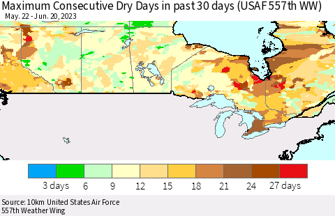 Canada Maximum Consecutive Dry Days in past 30 days (USAF 557th WW) 06/20/2023 Thematic Map For 6/16/2023 - 6/20/2023