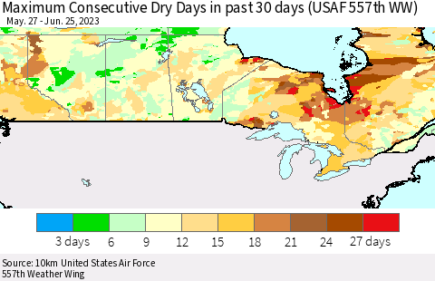 Canada Maximum Consecutive Dry Days in past 30 days (USAF 557th WW) 06/25/2023 Thematic Map For 6/21/2023 - 6/25/2023