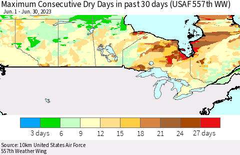 Canada Maximum Consecutive Dry Days in past 30 days (USAF 557th WW) 06/30/2023 Thematic Map For 6/26/2023 - 6/30/2023
