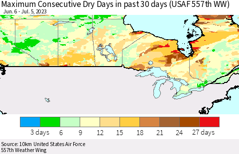 Canada Maximum Consecutive Dry Days in past 30 days (USAF 557th WW) 07/05/2023 Thematic Map For 7/1/2023 - 7/5/2023