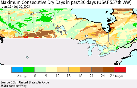 Canada Maximum Consecutive Dry Days in past 30 days (USAF 557th WW) 07/10/2023 Thematic Map For 7/6/2023 - 7/10/2023