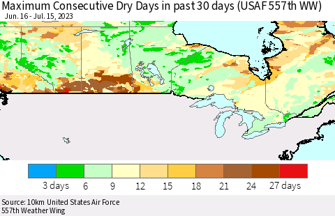 Canada Maximum Consecutive Dry Days in past 30 days (USAF 557th WW) 07/15/2023 Thematic Map For 7/11/2023 - 7/15/2023