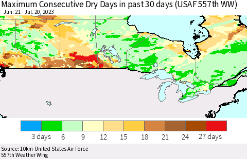 Canada Maximum Consecutive Dry Days in past 30 days (USAF 557th WW) 07/20/2023 Thematic Map For 7/16/2023 - 7/20/2023