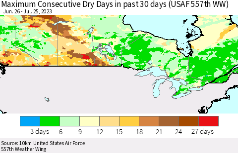 Canada Maximum Consecutive Dry Days in past 30 days (USAF 557th WW) 07/25/2023 Thematic Map For 7/21/2023 - 7/25/2023