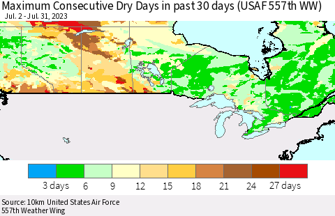 Canada Maximum Consecutive Dry Days in past 30 days (USAF 557th WW) 07/31/2023 Thematic Map For 7/26/2023 - 7/31/2023