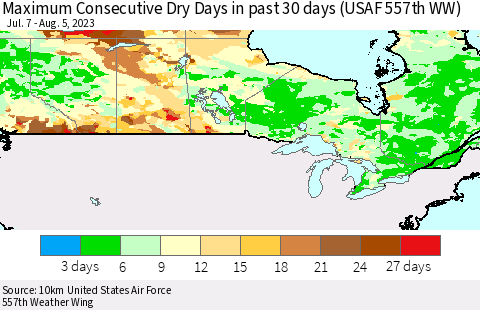 Canada Maximum Consecutive Dry Days in past 30 days (USAF 557th WW) 08/05/2023 Thematic Map For 8/1/2023 - 8/5/2023