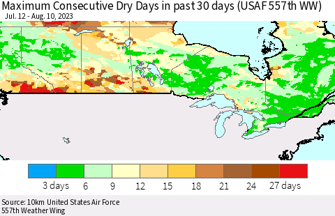 Canada Maximum Consecutive Dry Days in past 30 days (USAF 557th WW) 08/10/2023 Thematic Map For 8/6/2023 - 8/10/2023